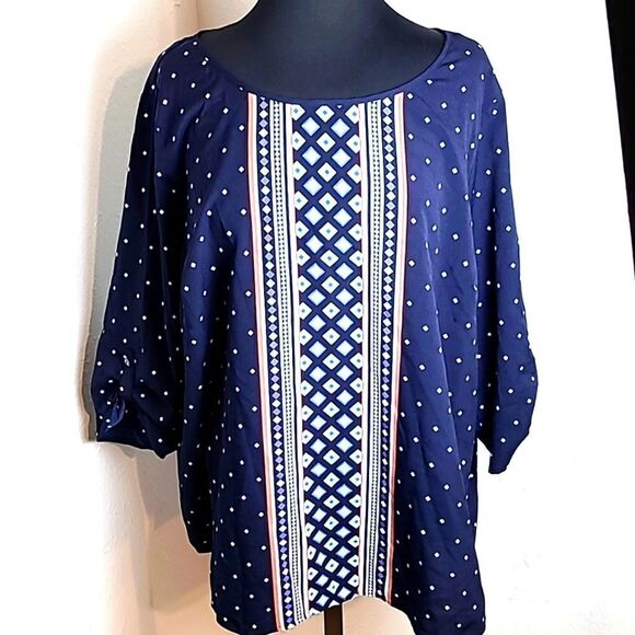Croft & Barrow Navy Top w/ White Dots & Colorful Designs Down Center, Size 2X - Picture 1 of 7